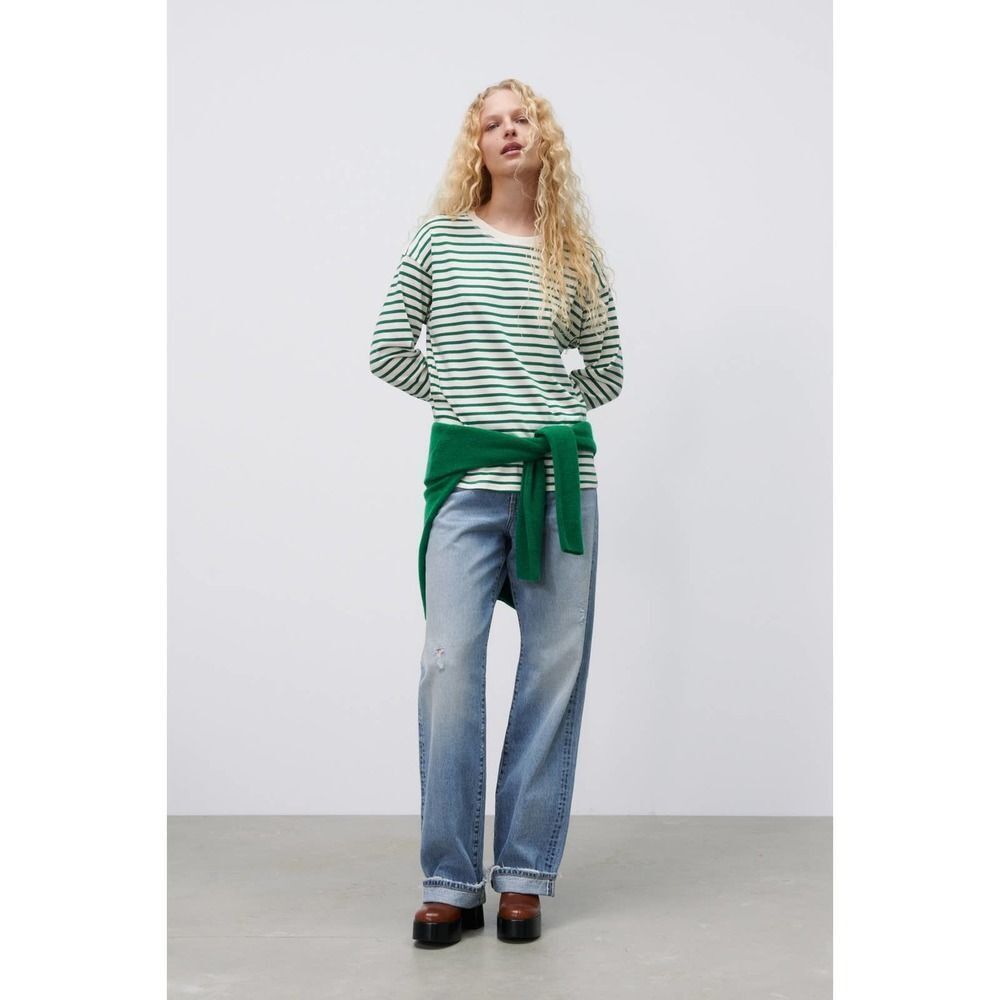 Zara EUC Stripped Long Sleeve Crew Neck Cotton Top Size M